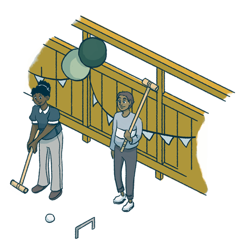 Illustration of homeowners playing games beside their new fence