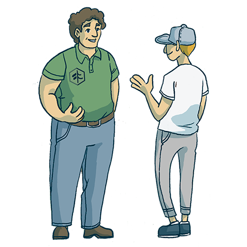 Illustration of TimberTown pro helping a customer