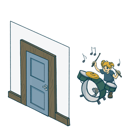 Illustration of a little girl playing drums behind a closed door