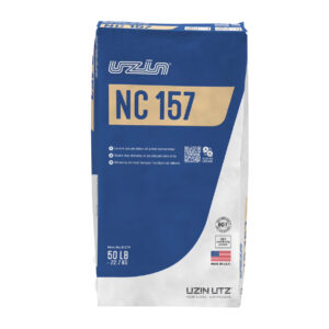 Blue and white 50 lb (~22.7 kg) paper bag labeled 'NC 157' by UZIN UTZ; features the company logo, a QR code, EC1 Plus low-emission symbol, 'LEED contributing product' text and an American flag reading 'Made in U.S.A.' YouTube Thumbnail UZIN NC 157 Premium - Self-Leveling Compound