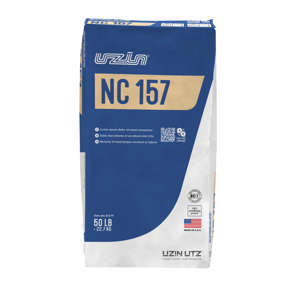 Blue and white 50 lb (~22.7 kg) paper bag labeled 'NC 157' by UZIN UTZ; features the company logo, a QR code, EC1 Plus low-emission symbol, 'LEED contributing product' text and an American flag reading 'Made in U.S.A.' YouTube Thumbnail UZIN NC 157 Premium - Self-Leveling Compound